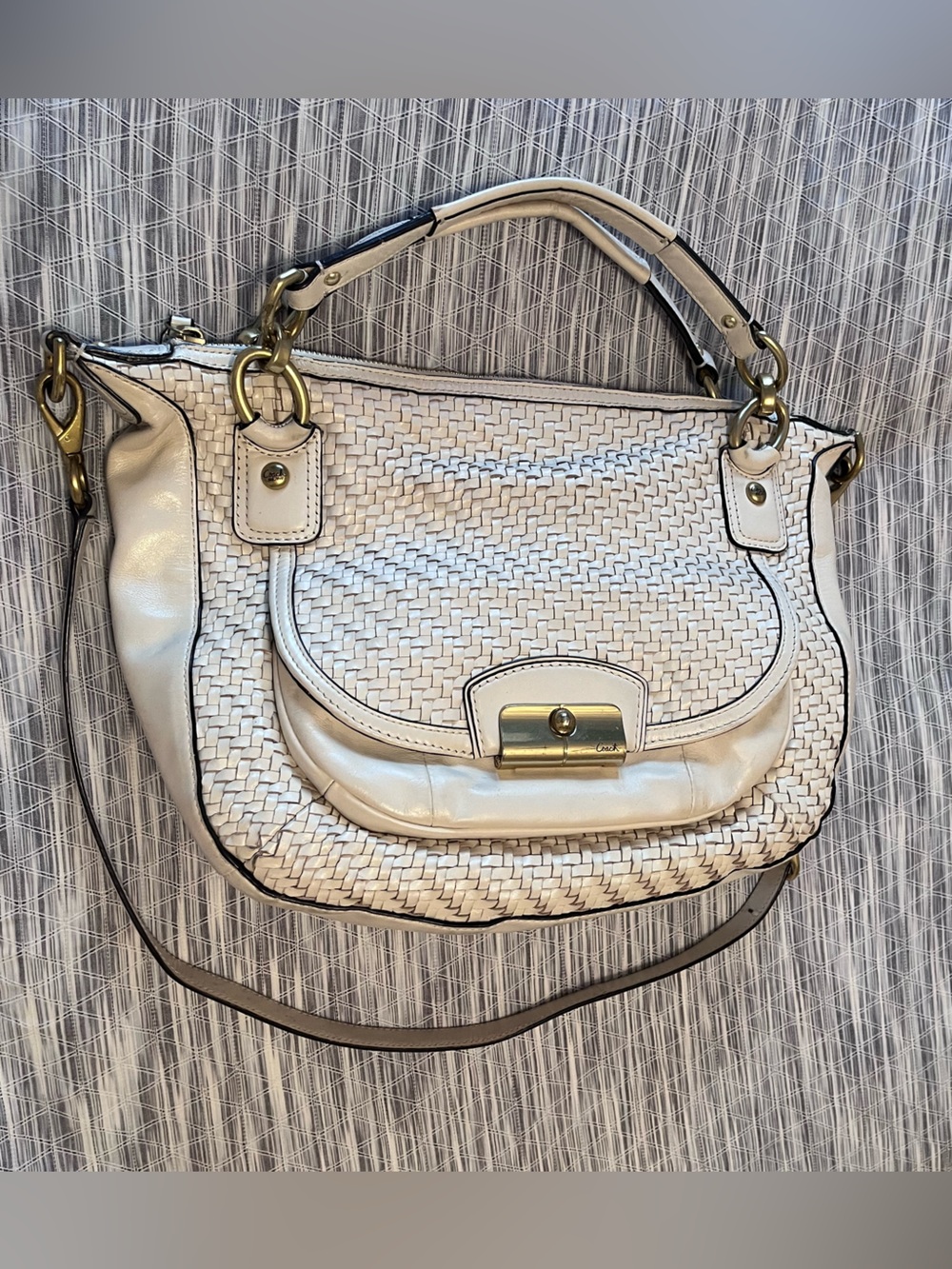 Woven Leather Coach Bag in Cream
